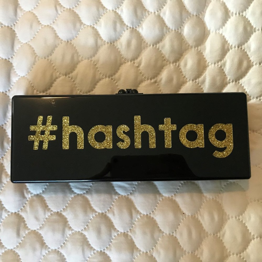 Edie Parker Black and Gold Hashtag Flavia Clutch